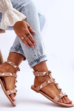 Sandały Płaskie>Boto Skórzane Damskie Sandały Z Dużymi Ćwiekami Nude Mishigan