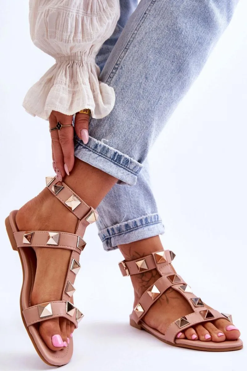 Sandały Płaskie>Boto Skórzane Damskie Sandały Z Dużymi Ćwiekami Nude Mishigan