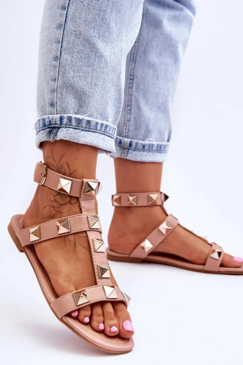 Sandały Płaskie>Boto Skórzane Damskie Sandały Z Dużymi Ćwiekami Nude Mishigan