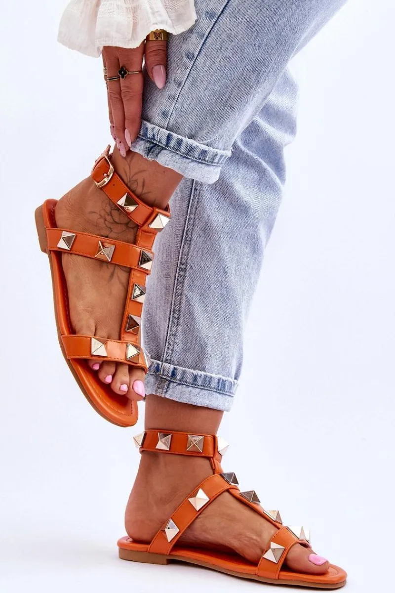 Sandały Płaskie>Boto Skórzane Damskie Sandały Z Dużymi Ćwiekami Pomarańczowe Mishigan