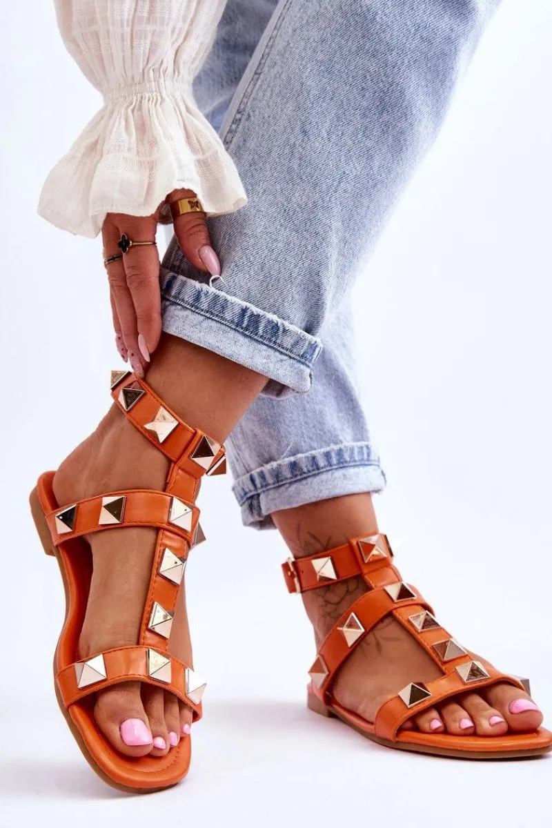 Sandały Płaskie>Boto Skórzane Damskie Sandały Z Dużymi Ćwiekami Pomarańczowe Mishigan