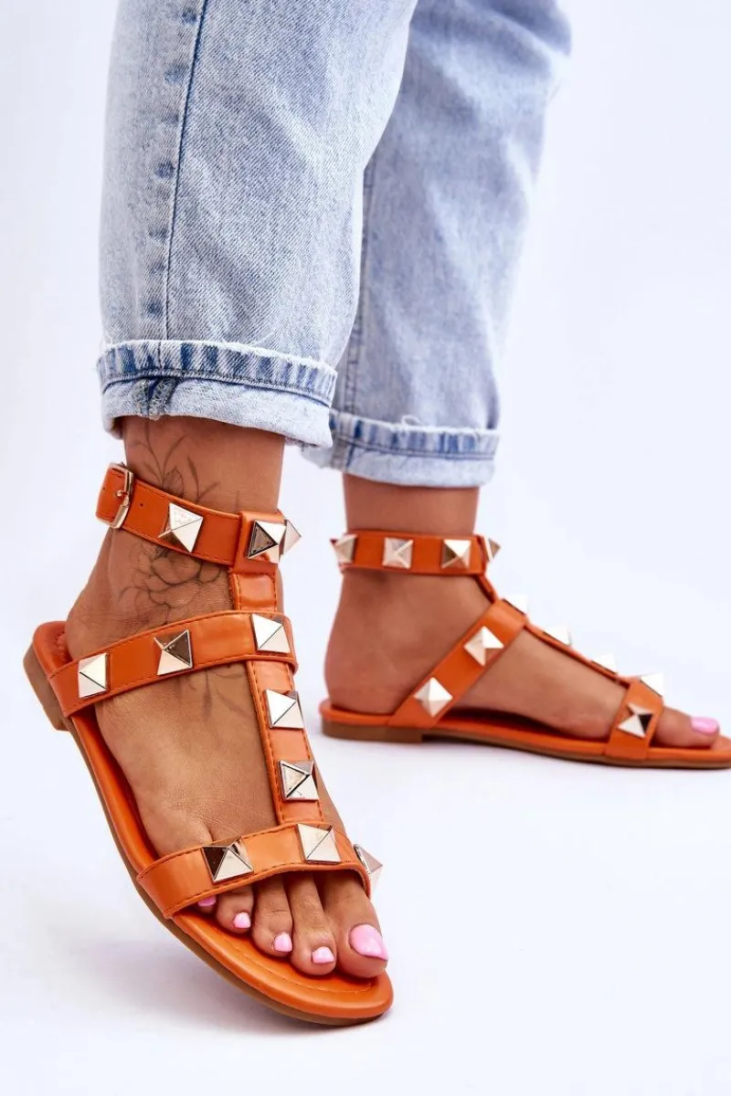 Sandały Płaskie>Boto Skórzane Damskie Sandały Z Dużymi Ćwiekami Pomarańczowe Mishigan