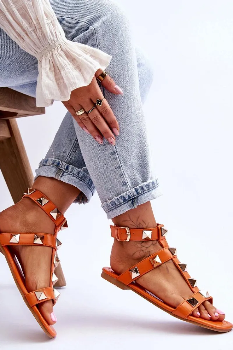 Sandały Płaskie>Boto Skórzane Damskie Sandały Z Dużymi Ćwiekami Pomarańczowe Mishigan