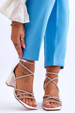 Best Boto Skórzane Damskie Sandały Z Cyrkoniami Na Obcasie Białe Liviano