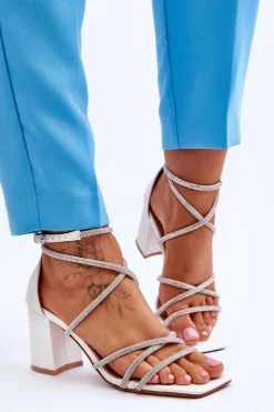 Best Boto Skórzane Damskie Sandały Z Cyrkoniami Na Obcasie Białe Liviano