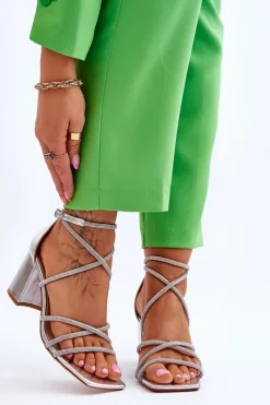 Best Skórzane Damskie Sandały Z Cyrkoniami Na Obcasie Srebrne Liviano Damskie Sandały Na Obcasie