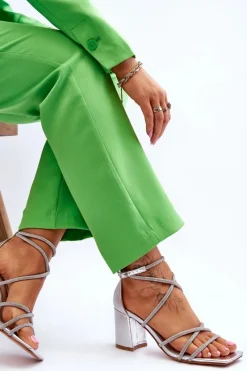 Best Skórzane Damskie Sandały Z Cyrkoniami Na Obcasie Srebrne Liviano Damskie Sandały Na Obcasie