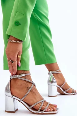 Best Skórzane Damskie Sandały Z Cyrkoniami Na Obcasie Srebrne Liviano Damskie Sandały Na Obcasie