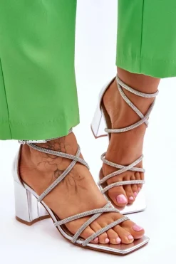 Best Skórzane Damskie Sandały Z Cyrkoniami Na Obcasie Srebrne Liviano Damskie Sandały Na Obcasie