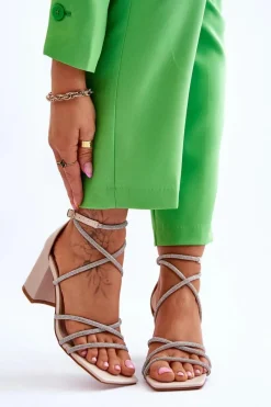 Sandały Na Obcasie>Boto Skórzane Damskie Sandały Z Cyrkoniami Na Obcasie Beżowe Liviano