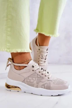 Discount Skórzane Damskie Sneakersy Na Koturnie Beżowe Phiness Damskie Sneakersy Damskie