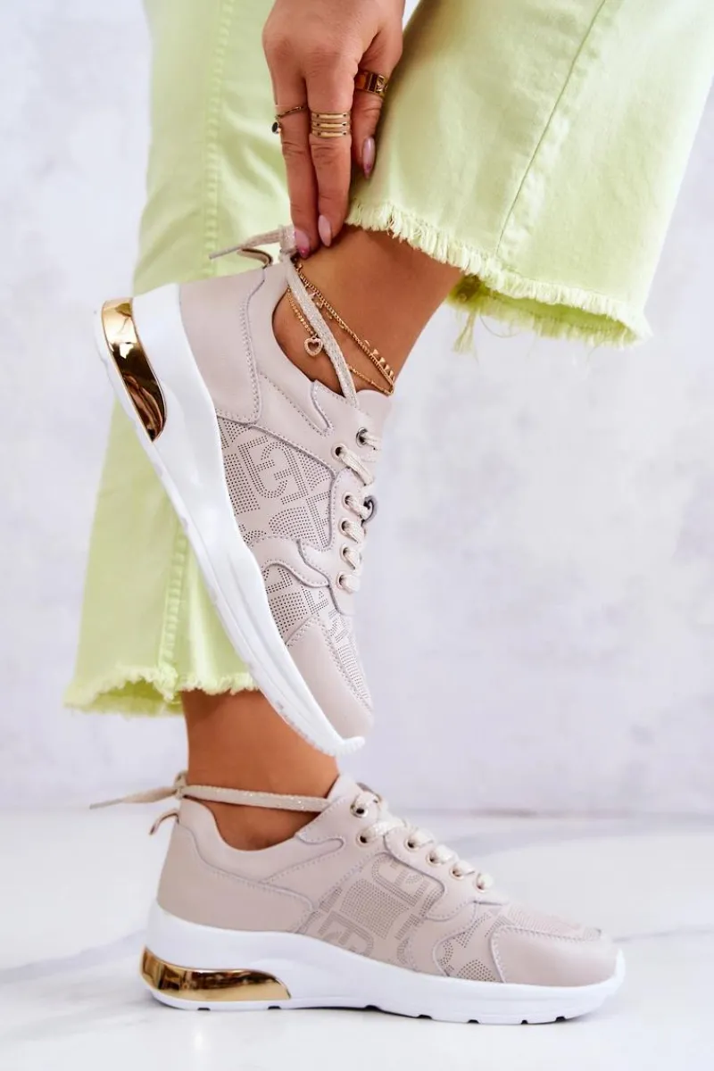 Discount Skórzane Damskie Sneakersy Na Koturnie Beżowe Phiness Damskie Sneakersy Damskie