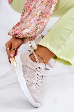 Discount Skórzane Damskie Sneakersy Na Koturnie Beżowe Phiness Damskie Sneakersy Damskie