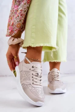 Discount Skórzane Damskie Sneakersy Na Koturnie Beżowe Phiness Damskie Sneakersy Damskie
