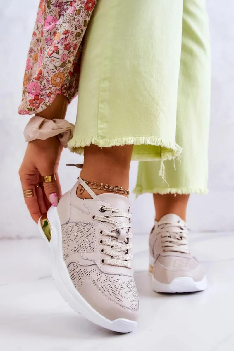 Discount Skórzane Damskie Sneakersy Na Koturnie Beżowe Phiness Damskie Sneakersy Damskie