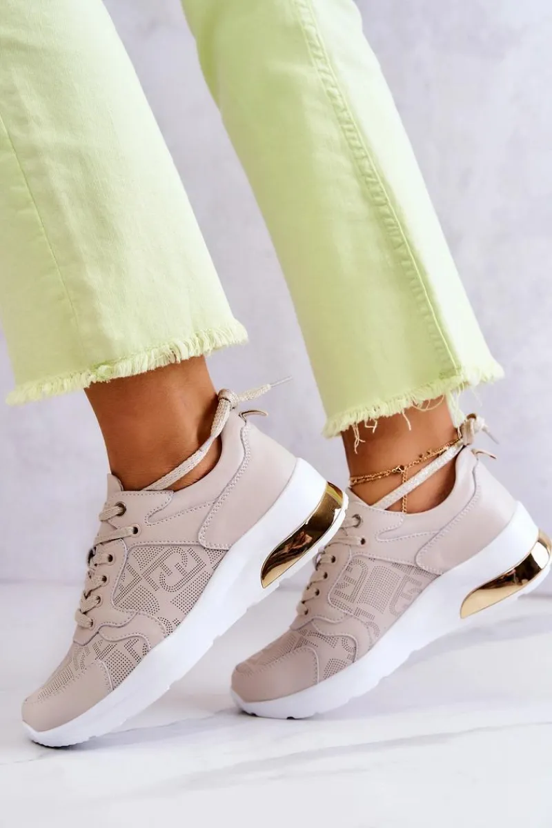 Discount Skórzane Damskie Sneakersy Na Koturnie Beżowe Phiness Damskie Sneakersy Damskie