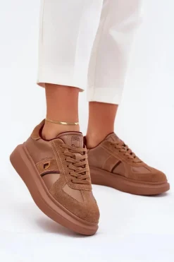 Sale Daniel Lopez Just Dare Skórzane Damskie Sneakersy Na Platformie SS2D4005 Brązowe Brązowy
