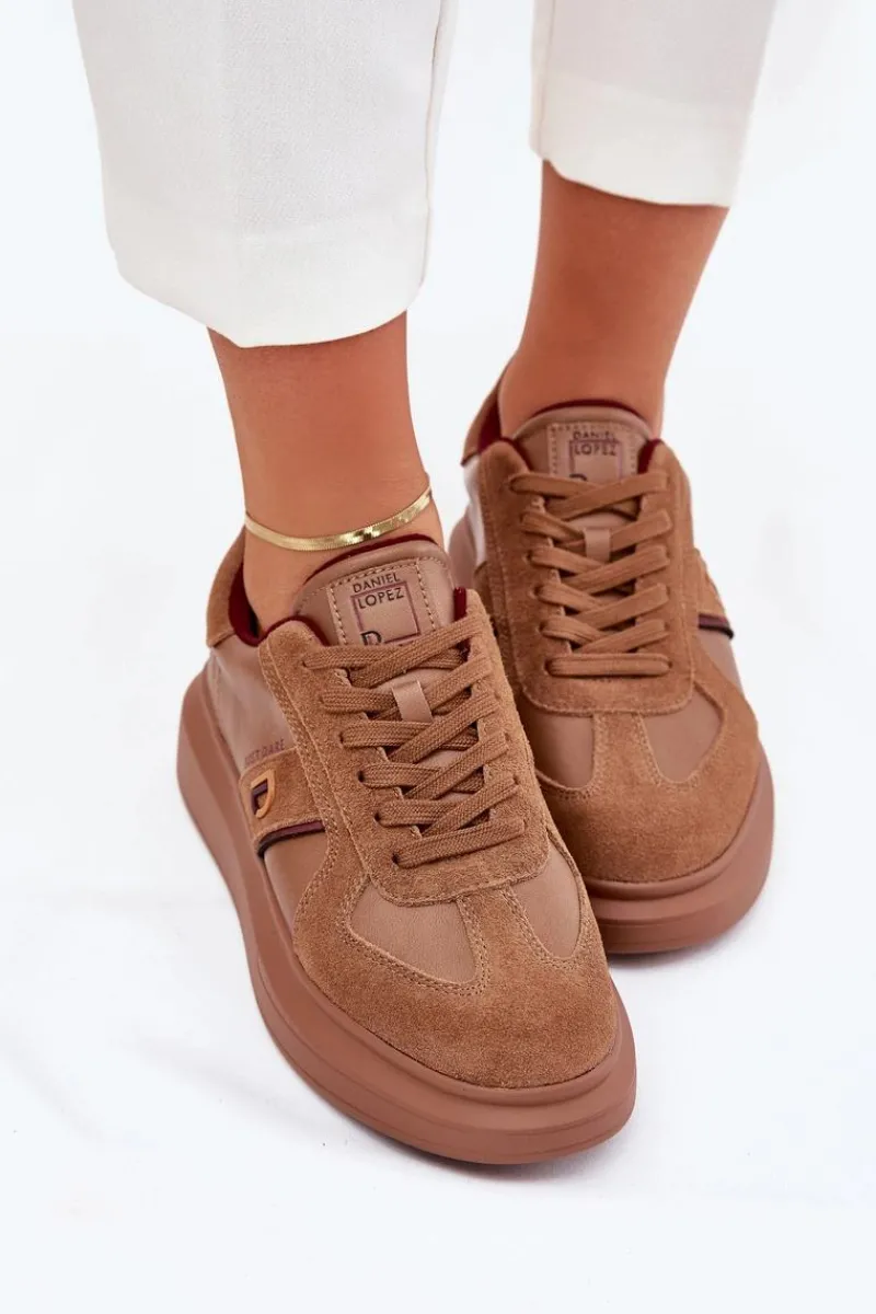 Sale Daniel Lopez Just Dare Skórzane Damskie Sneakersy Na Platformie SS2D4005 Brązowe Brązowy