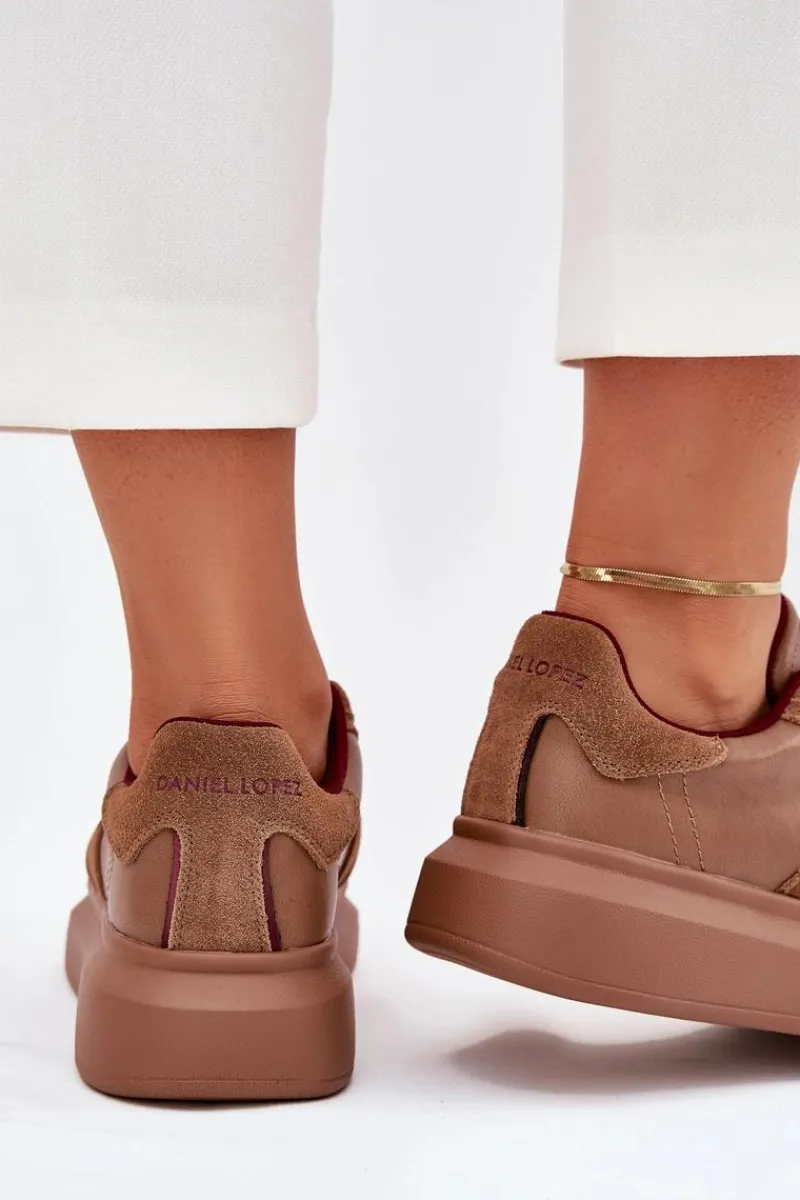 Sale Daniel Lopez Just Dare Skórzane Damskie Sneakersy Na Platformie SS2D4005 Brązowe Brązowy