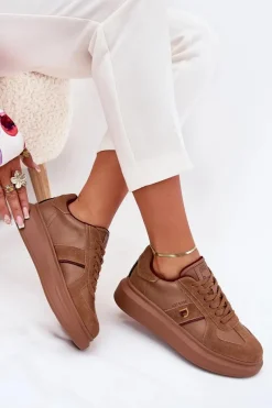 Sale Daniel Lopez Just Dare Skórzane Damskie Sneakersy Na Platformie SS2D4005 Brązowe Brązowy