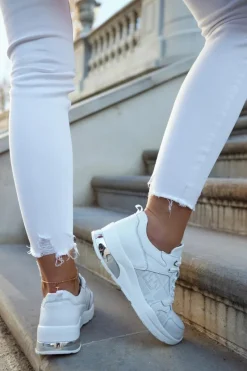 Discount Damskie buty S.Barski Skórzane Damskie Sneakersy Na Koturnie Białe Phiness