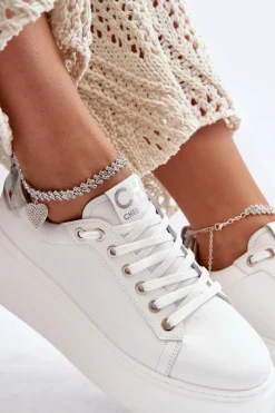 Hot Skórzane Damskie Sneakersy Z Bransoletą 4406 Białe Damskie Buty Sportowe Na Platformie