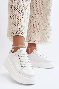 Hot Skórzane Damskie Sneakersy Z Bransoletą 4406 Białe Damskie Buty Sportowe Na Platformie
