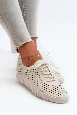 Sale Skórzane Damskie Trampki Z Ażurowym Wzorem Beżowe Ilvima Damskie Trampki Damskie Niskie