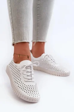 Online Boto Skórzane Damskie Trampki Z Ażurowym Wzorem Białe Ilvima