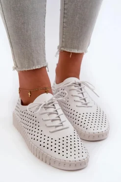 Online Boto Skórzane Damskie Trampki Z Ażurowym Wzorem Białe Ilvima