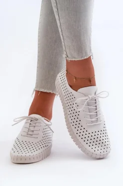 Online Boto Skórzane Damskie Trampki Z Ażurowym Wzorem Białe Ilvima