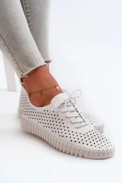 Online Boto Skórzane Damskie Trampki Z Ażurowym Wzorem Białe Ilvima