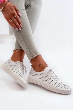 Online Boto Skórzane Damskie Trampki Z Ażurowym Wzorem Białe Ilvima