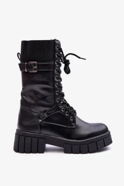 New Skórzane Damskie Wysokie Botki Workery Czarne Madit Damskie Damskie Trapery|Botki Sznurowane