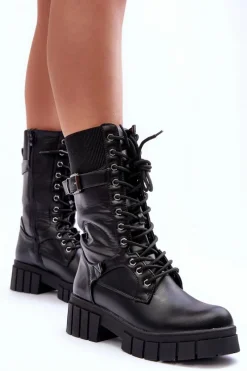 New Skórzane Damskie Wysokie Botki Workery Czarne Madit Damskie Damskie Trapery|Botki Sznurowane