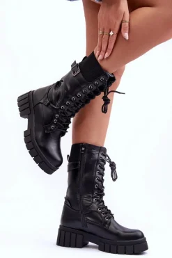 New Skórzane Damskie Wysokie Botki Workery Czarne Madit Damskie Damskie Trapery|Botki Sznurowane