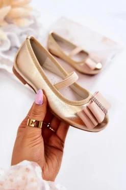 Balerinki Dziecięce>Damskie buty S.Barski Skórzane Dziecięce Baleriny Z Ozdobną Kokardą Złote Claril