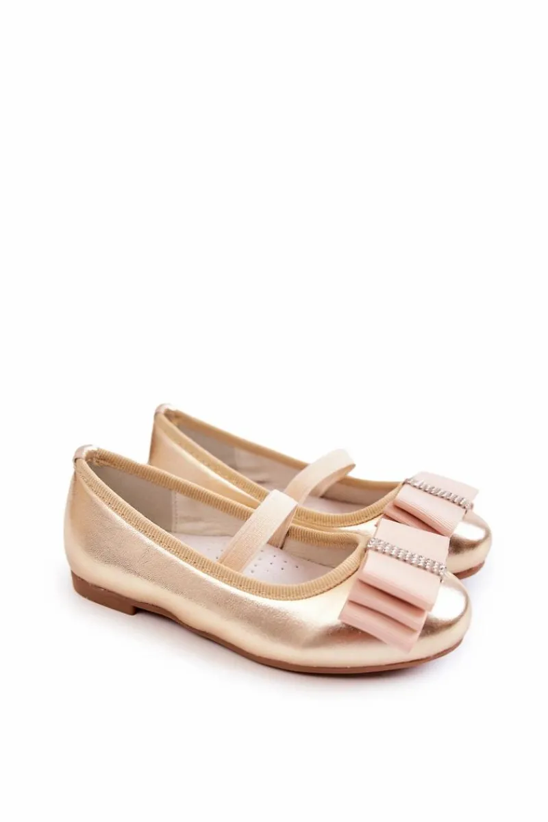 Balerinki Dziecięce>Damskie buty S.Barski Skórzane Dziecięce Baleriny Z Ozdobną Kokardą Złote Claril