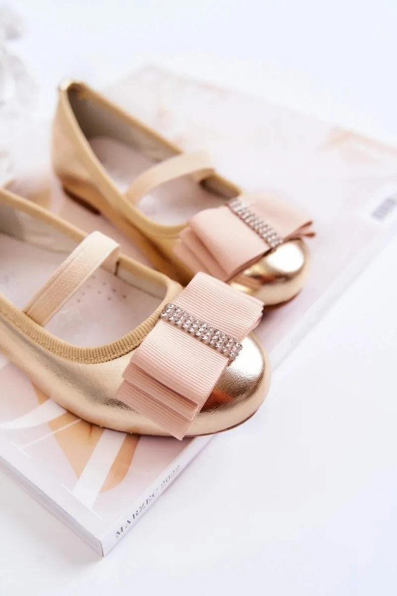 Balerinki Dziecięce>Damskie buty S.Barski Skórzane Dziecięce Baleriny Z Ozdobną Kokardą Złote Claril