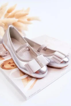 Hot Damskie buty S.Barski Skórzane Dziecięce Baleriny Z Ozdobną Kokardą Srebrne Claril Srebrny