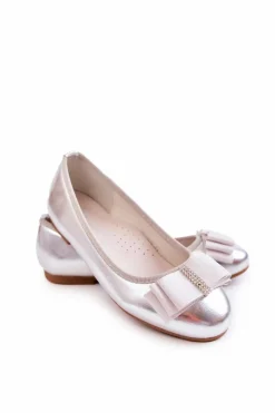 Hot Damskie buty S.Barski Skórzane Dziecięce Baleriny Z Ozdobną Kokardą Srebrne Claril Srebrny