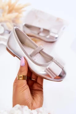 Hot Damskie buty S.Barski Skórzane Dziecięce Baleriny Z Ozdobną Kokardą Srebrne Claril Srebrny