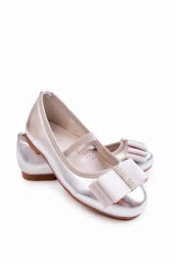 Hot Damskie buty S.Barski Skórzane Dziecięce Baleriny Z Ozdobną Kokardą Srebrne Claril Srebrny