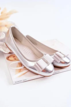 Hot Damskie buty S.Barski Skórzane Dziecięce Baleriny Z Ozdobną Kokardą Srebrne Claril Srebrny