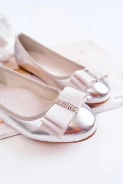 Hot Damskie buty S.Barski Skórzane Dziecięce Baleriny Z Ozdobną Kokardą Srebrne Claril Srebrny