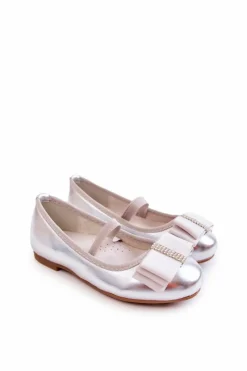Hot Damskie buty S.Barski Skórzane Dziecięce Baleriny Z Ozdobną Kokardą Srebrne Claril Srebrny