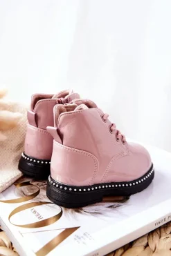 Dziewczęce></noscript>Boto Skórzane Dziecięce Botki Lakierowane Różowe Maris