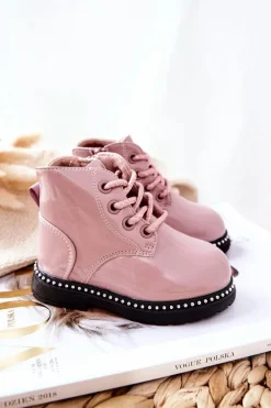 Dziewczęce></noscript>Boto Skórzane Dziecięce Botki Lakierowane Różowe Maris