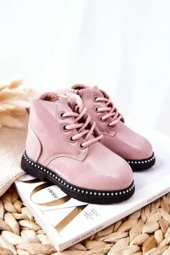 Dziewczęce></noscript>Boto Skórzane Dziecięce Botki Lakierowane Różowe Maris