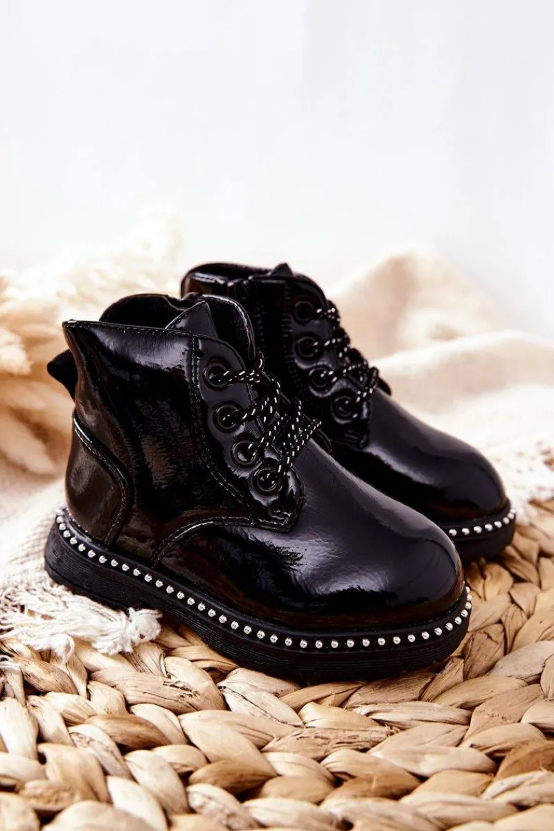 Dziewczęce>Boto Skórzane Dziecięce Botki Lakierowane Czarne Maris